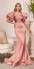 Cinderella Divine CD983 Long Fitted Satin Gown with Puff Sleeve by DiscountDressShop