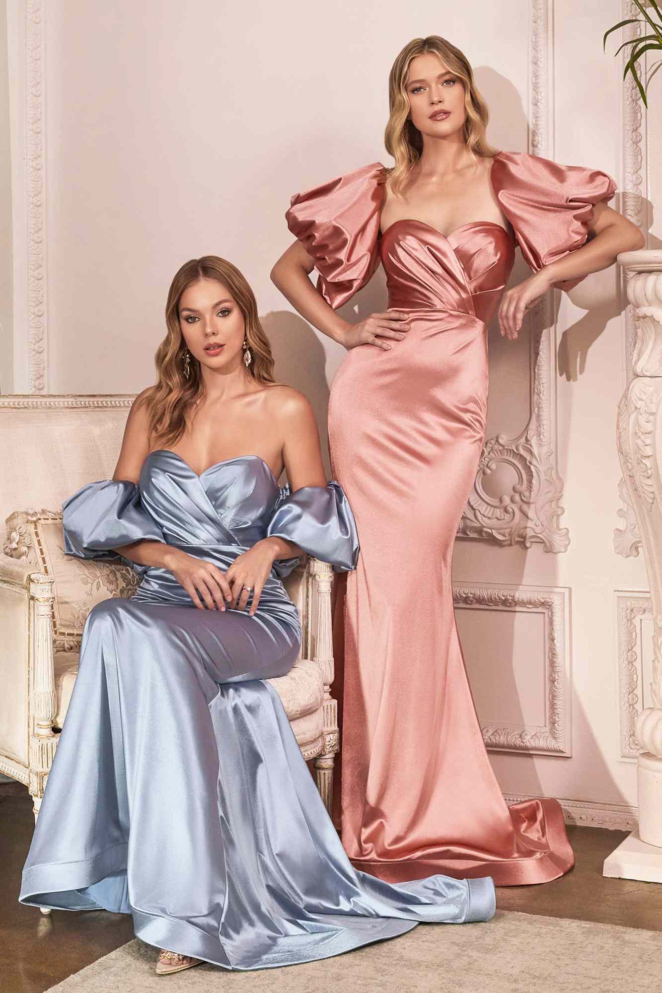 Cinderella Divine CD983 Long Fitted Satin Gown with Puff Sleeve by DiscountDressShop