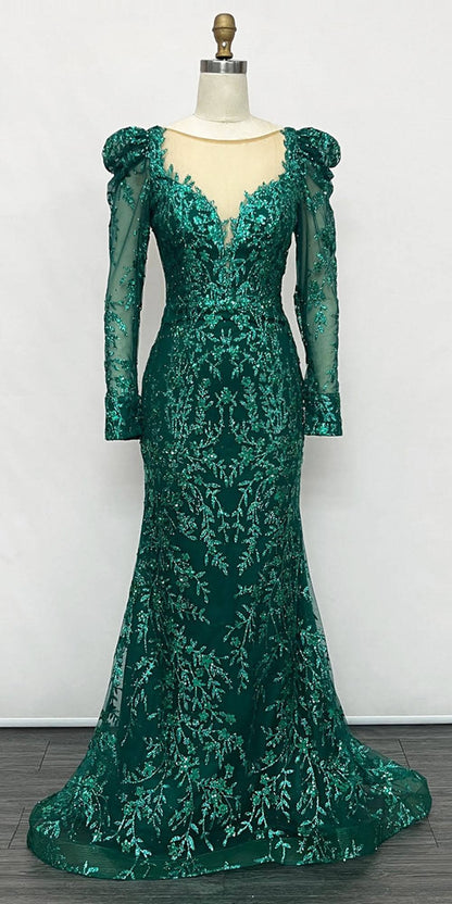 Ladivine CD989 Floor Length Glitter Print Dress with Long Sleeves by DiscountDressShop