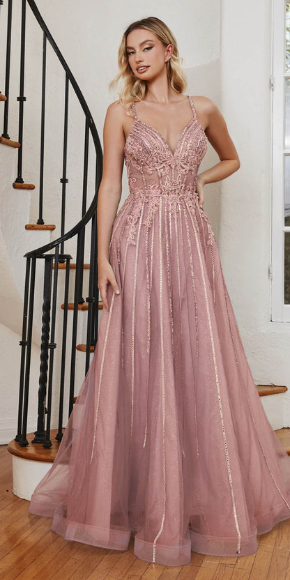 Cinderella Divine CD994 Long A-Line Beaded Tulle Gown Lace Detail V-Neck by DiscountDressShop
