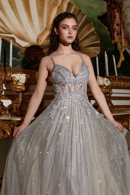 Cinderella Divine CD994 Long A-Line Beaded Tulle Gown Lace Detail V-Neck by DiscountDressShop