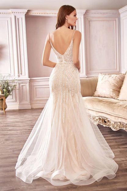 Cinderella Divine CDS401 Long Beaded Hourglass Mermaid Wedding Dress V-Neck by DiscountDressShop