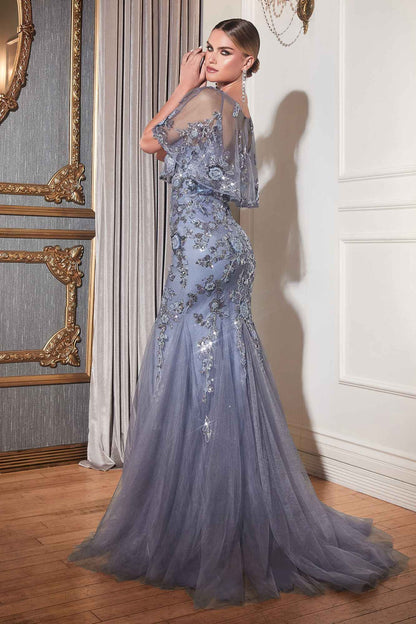 Ladivine CDS438 Long Beaded Mermaid Gown Removable Short Sleeve Capelet by DiscountDressShop