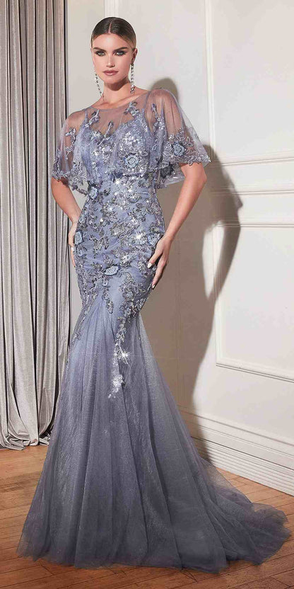 Ladivine CDS438 Long Beaded Mermaid Gown Removable Short Sleeve Capelet by DiscountDressShop