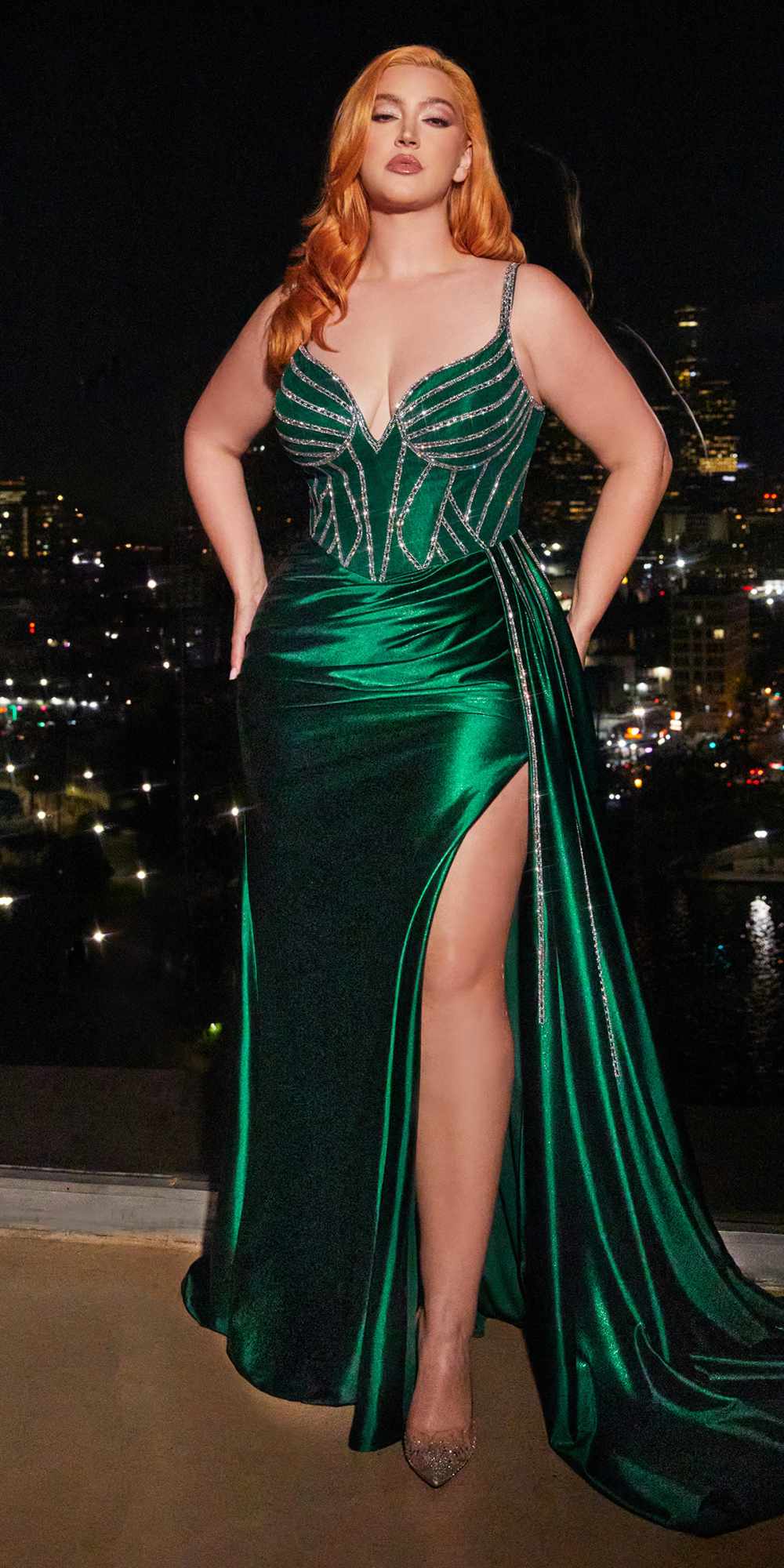 Ladivine CDS440 Floor Length Stretch Satin Sheer Bodice Sexy Gown by DiscountDressShop