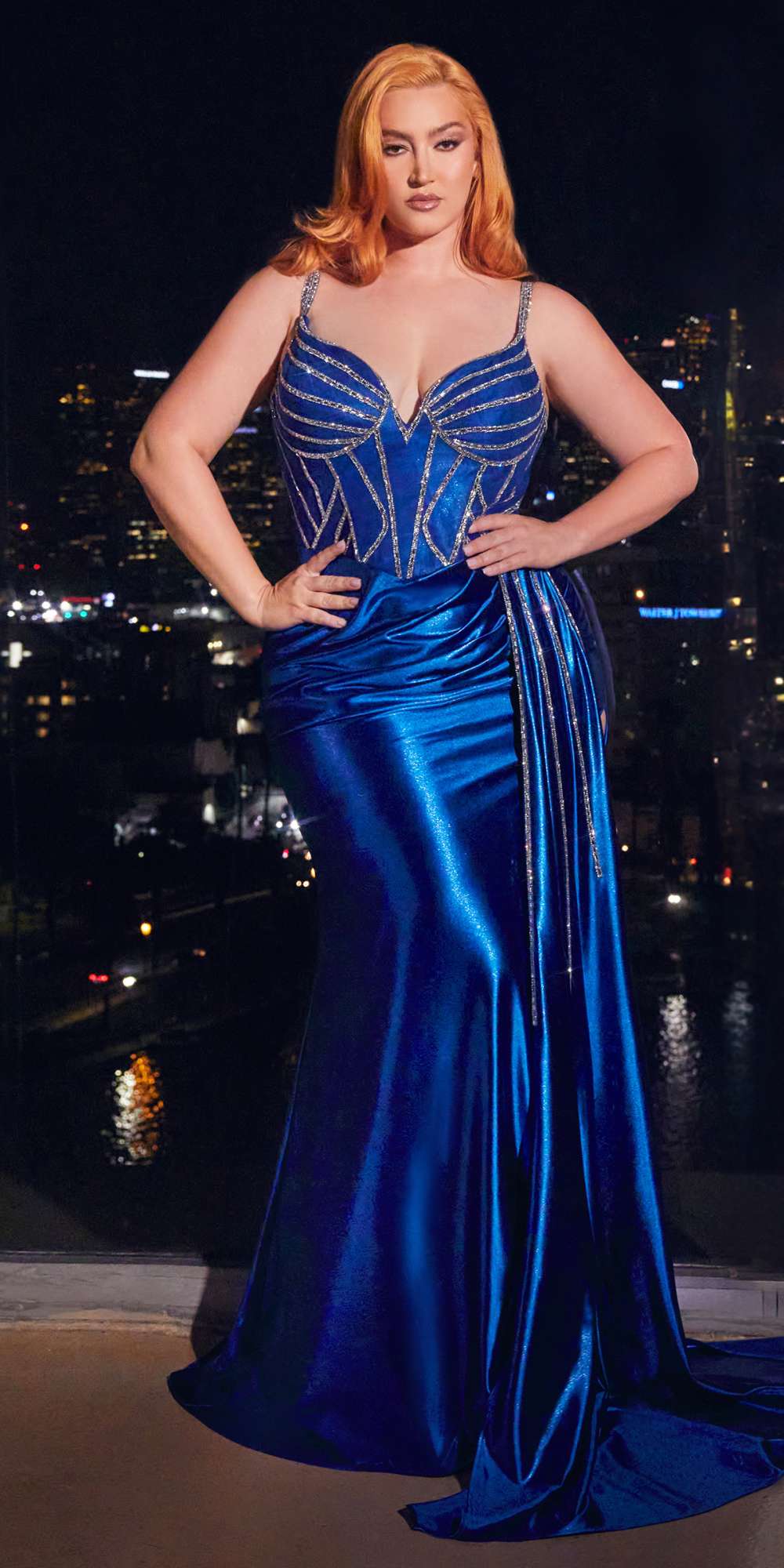 Ladivine CDS440 Floor Length Stretch Satin Sheer Bodice Sexy Gown by DiscountDressShop