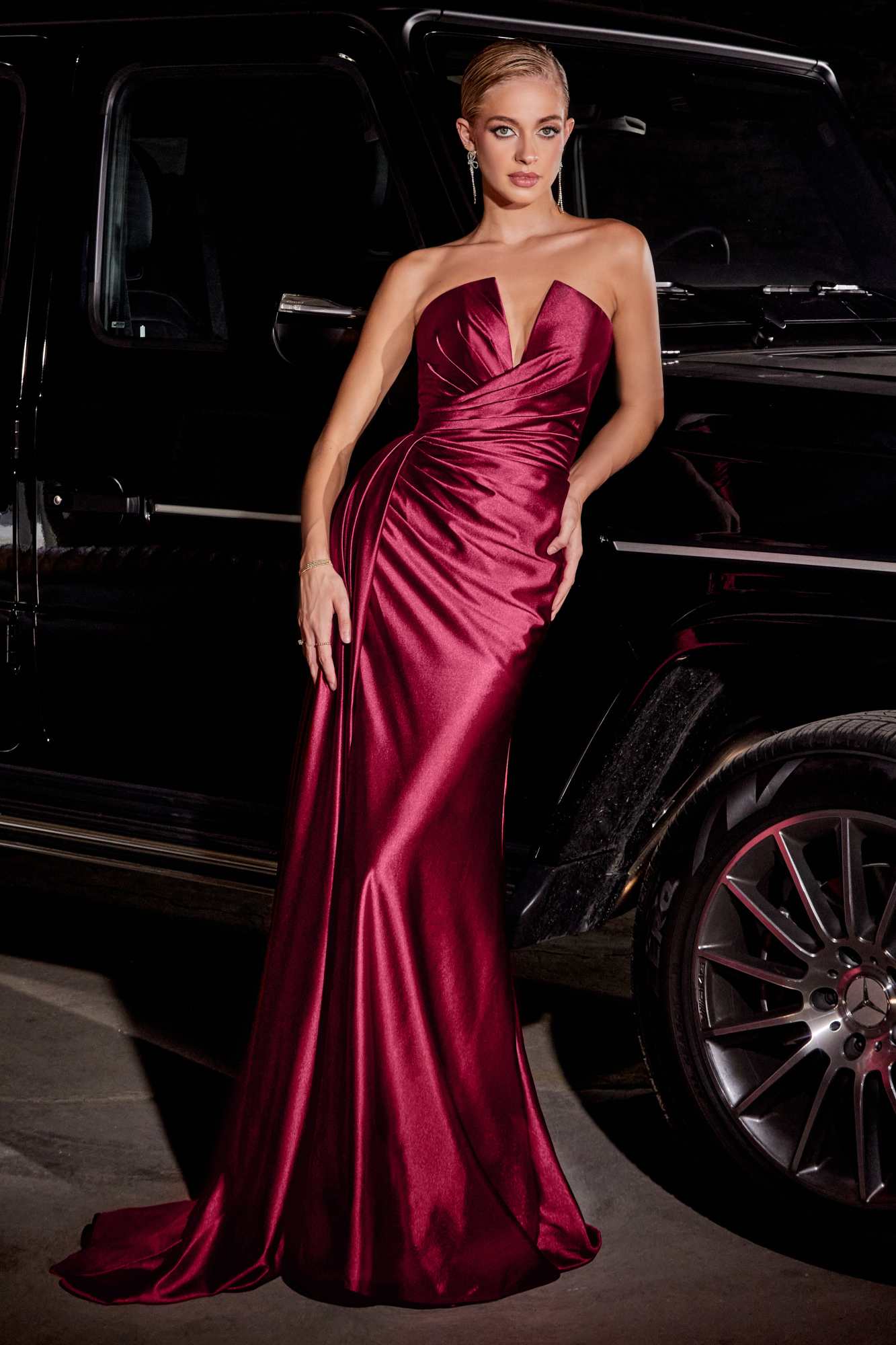 Ladivine CDS441 Long Satin V-Neck Sexy Side Slit Gown Side Sash by DiscountDressShop