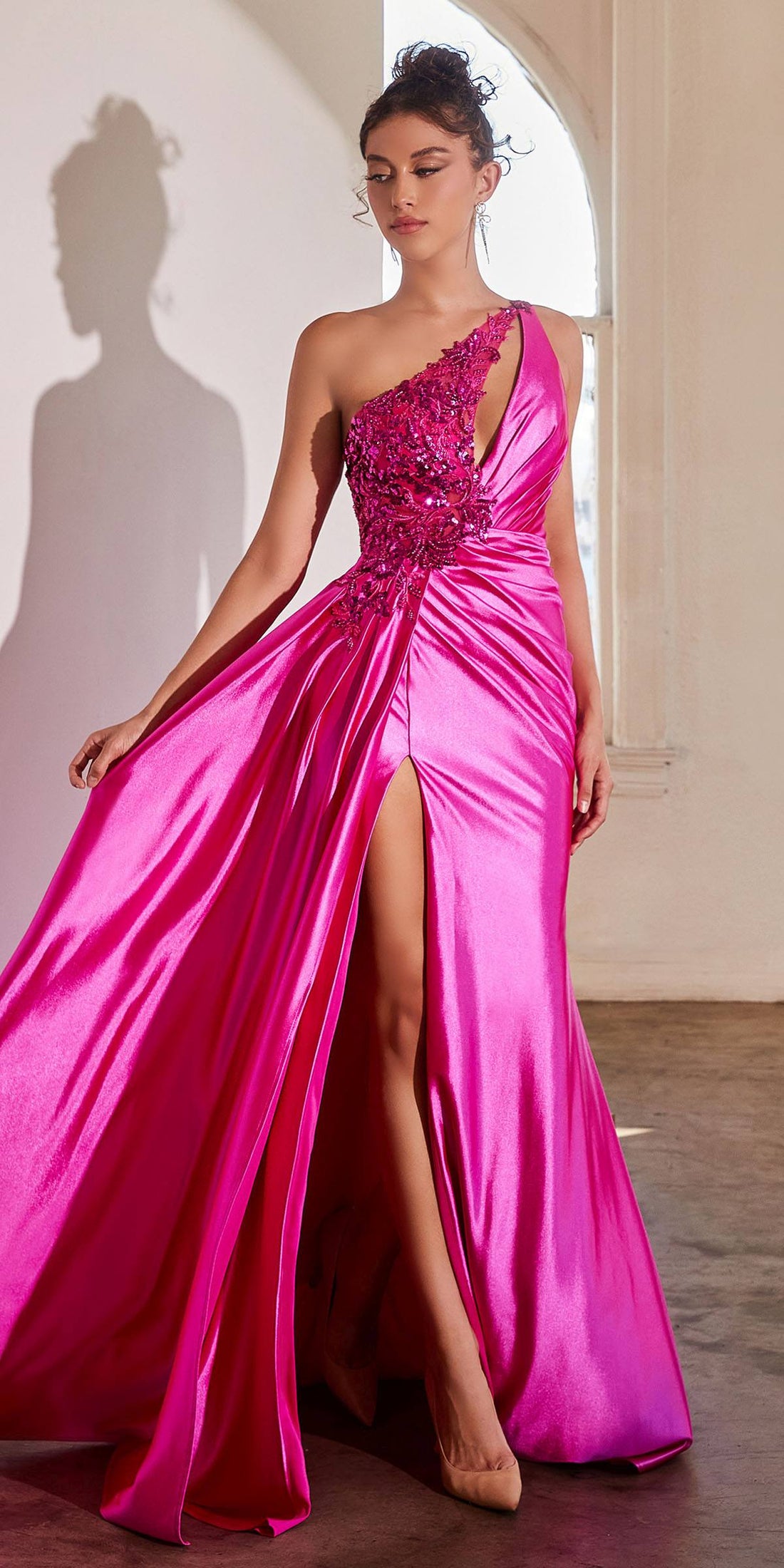 Ladivine CDS454 Floor Length One Shoulder Keyhole Bodice Leg Slit Satin Gown by DiscountDressShop