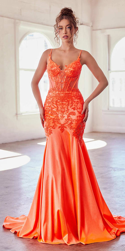 Ladivine CDS470 Long Stretch Satin and Glitter Boned Mermaid Gown by DiscountDressShop