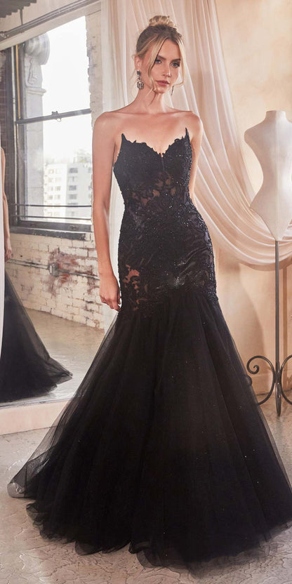 Ladivine CDS482 Long Fitted Strapless Lace and Tulle Mermaid Gown by DiscountDressShop