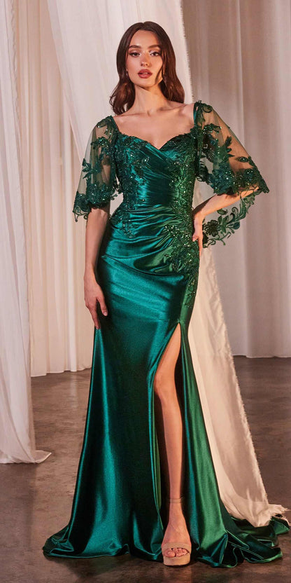Ladivine CDS499 Stretch Satin Fitted Dress &amp; Removable Lace Caplet by DiscountDressShop