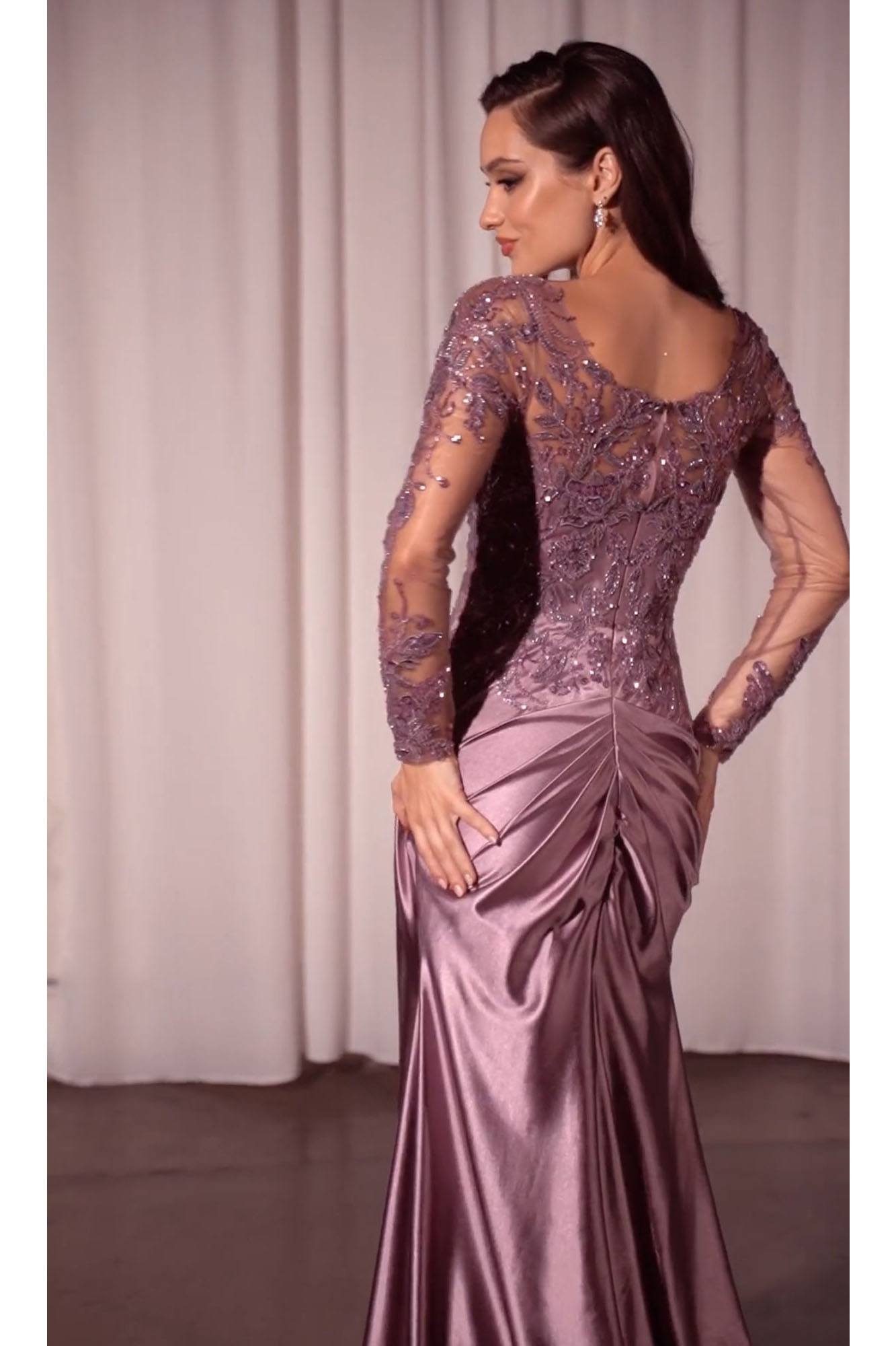 Ladivine CDS505 Dress Lace Long Sleeve Satin Fitted Gown by DiscountDressShop