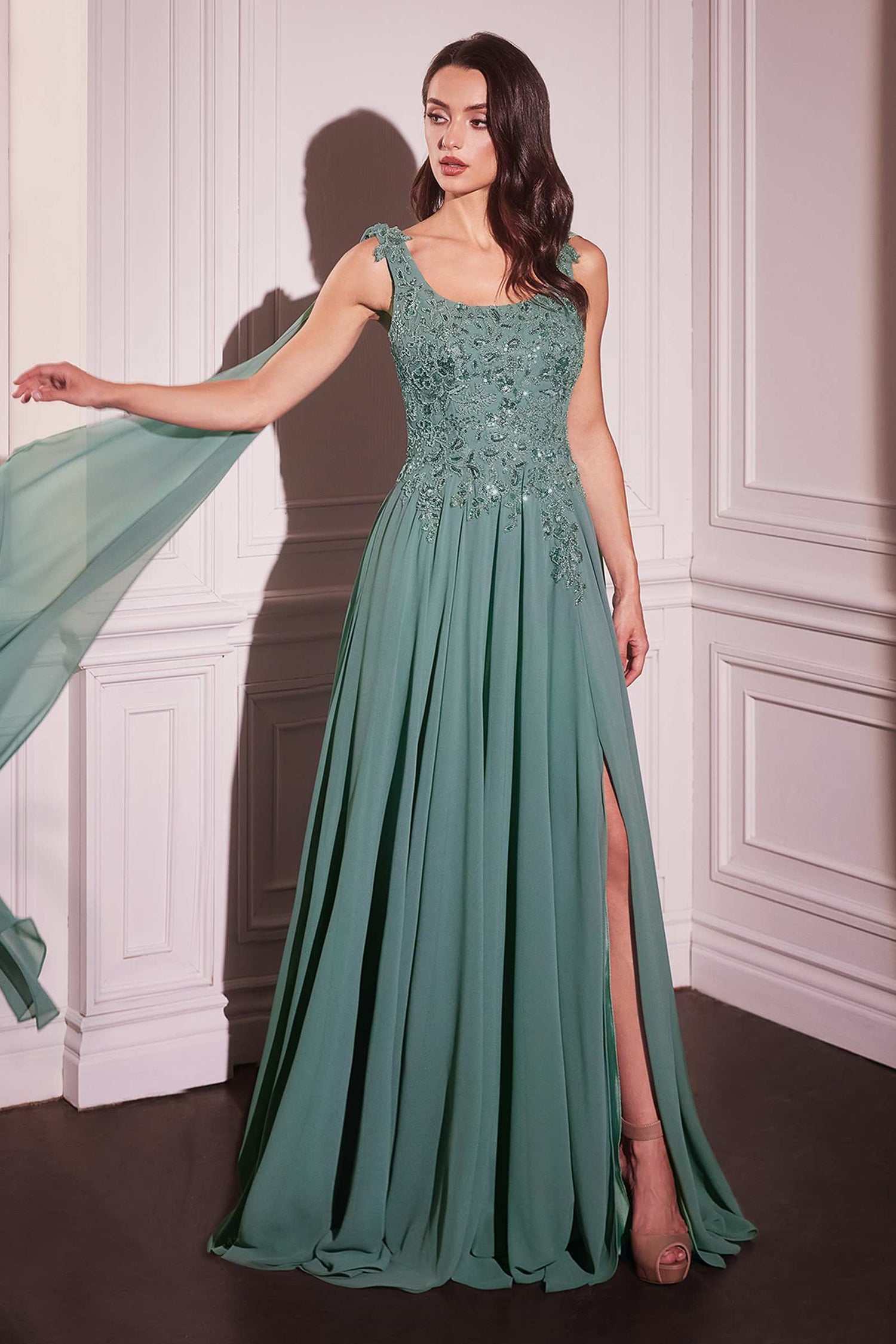 Ladivine CDS509 Dress Chiffon A-Line Gown &amp; Long Cape Sleeves by DiscountDressShop