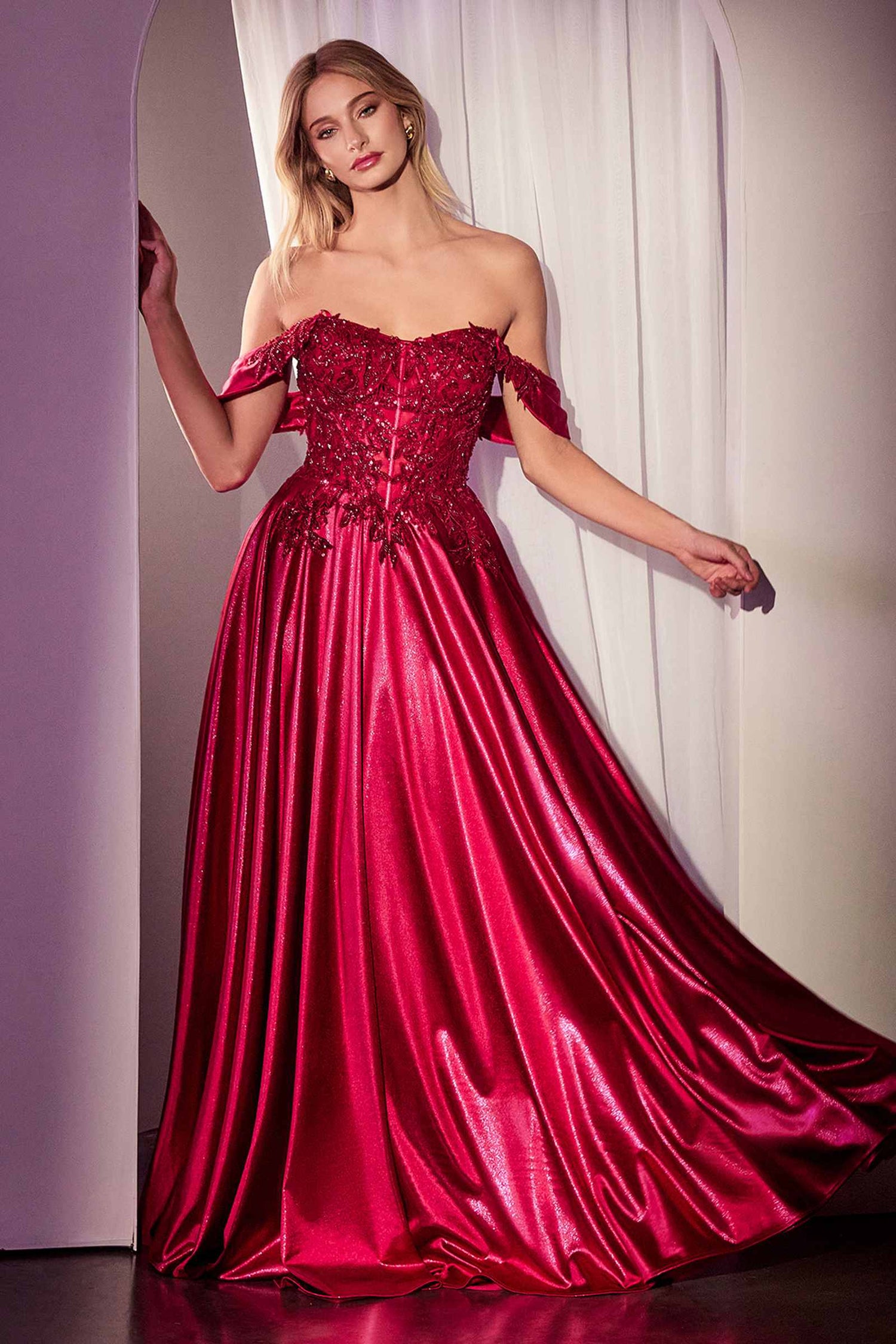 Ladivine CDS525 Dress Off The Shoulder Lace &amp; Satin A-Line Prom Gown by DiscountDressShop