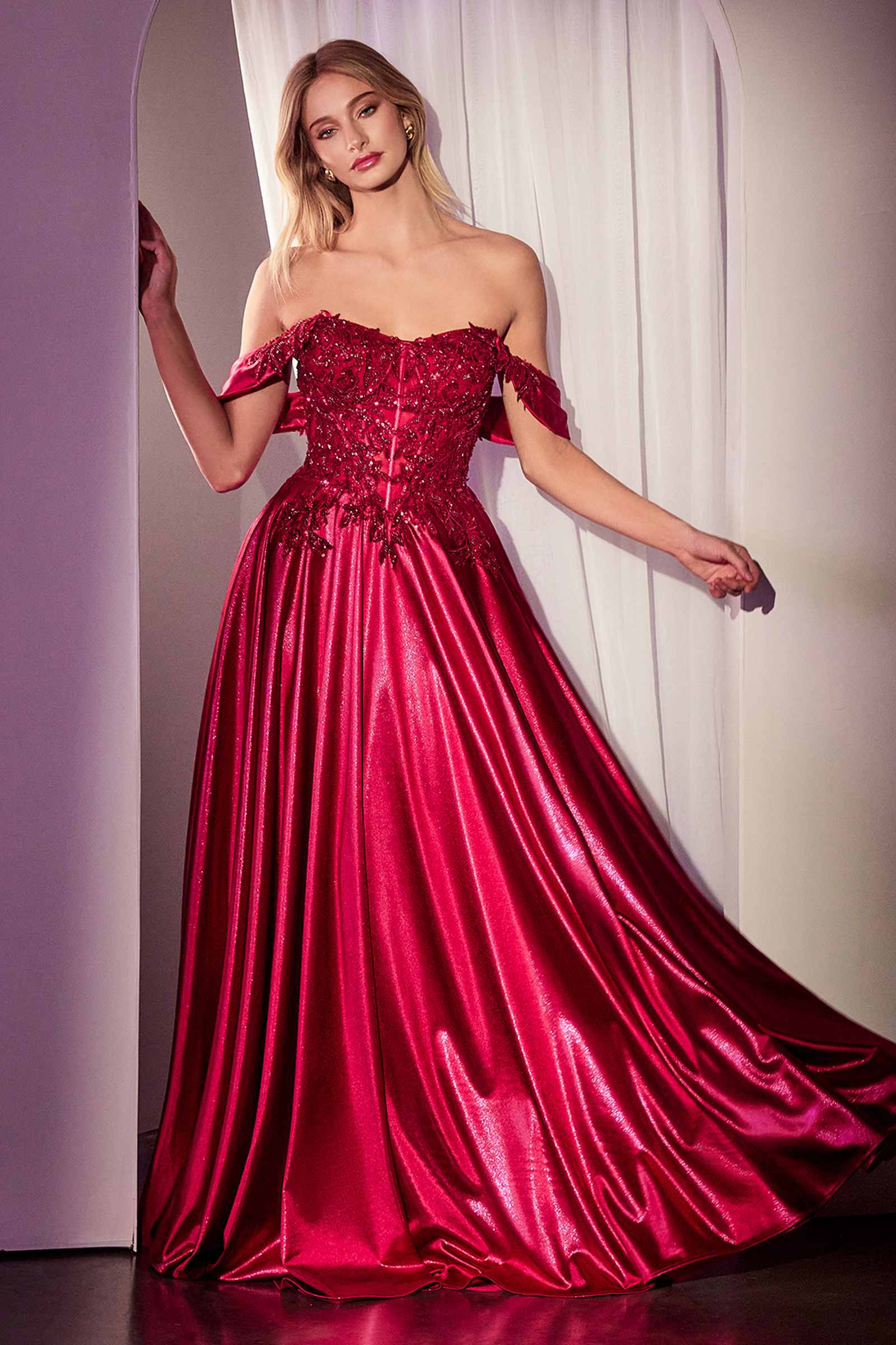 Ladivine CDS525 Dress Off The Shoulder Lace &amp; Satin A-Line Prom Gown by DiscountDressShop