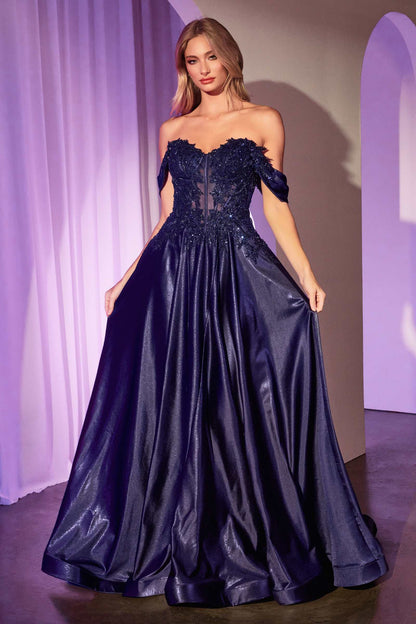 Ladivine CDS525 Dress Off The Shoulder Lace &amp; Satin A-Line Prom Gown by DiscountDressShop