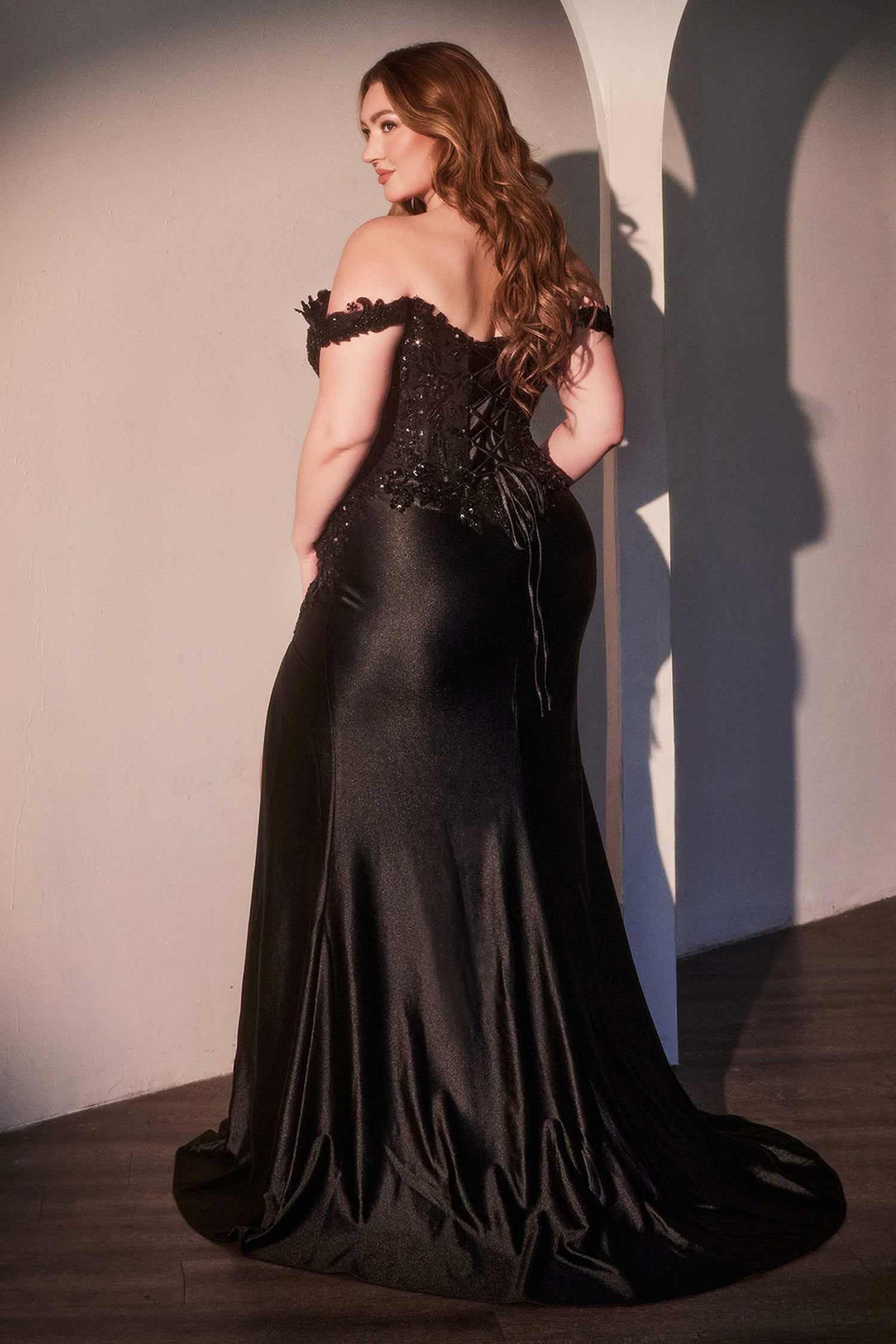 Ladivine CDS537C Off The Shoulder Lace &amp; Satin Curve Dress by DiscountDressShop