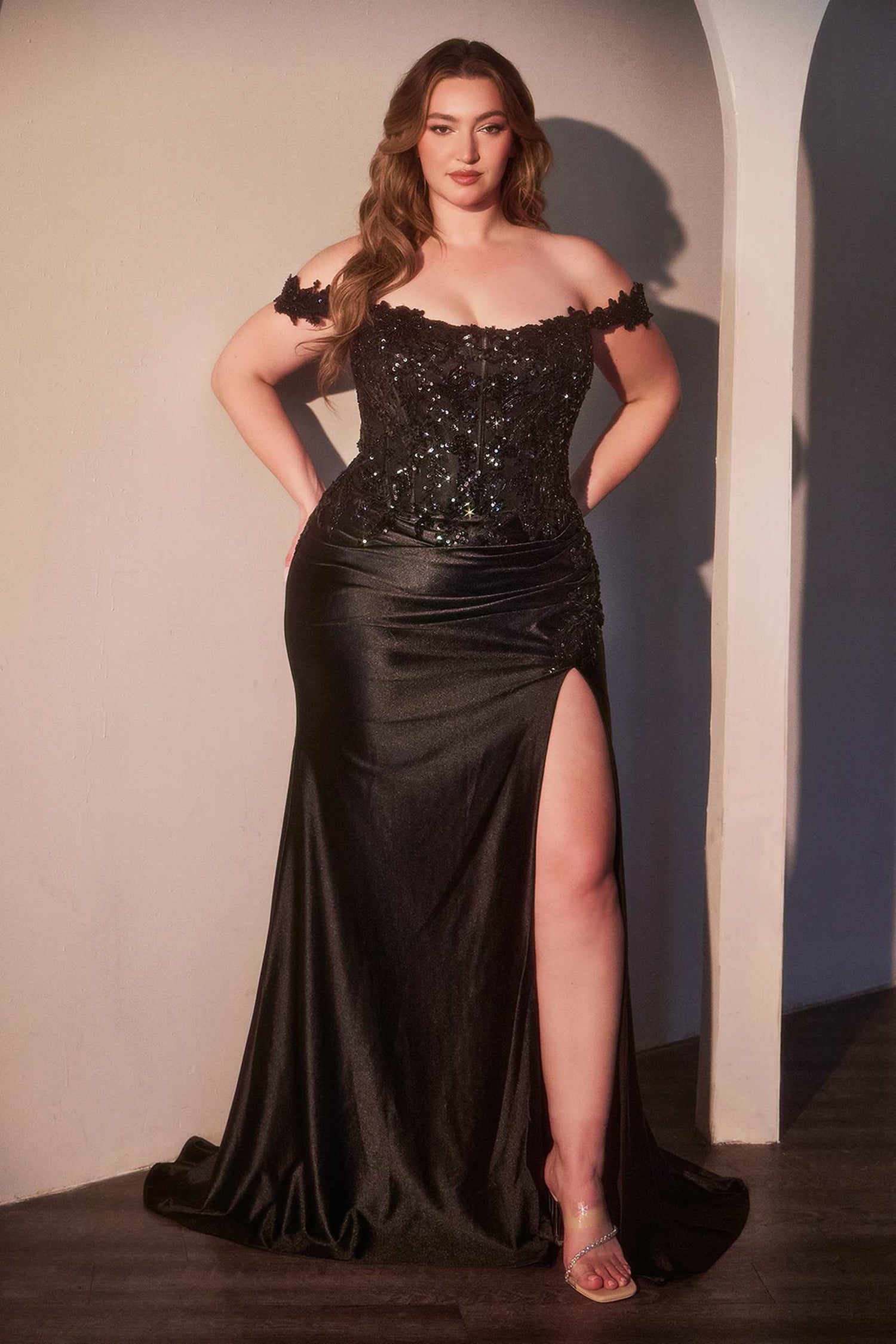 Ladivine CDS537C Off The Shoulder Lace &amp; Satin Curve Dress by DiscountDressShop