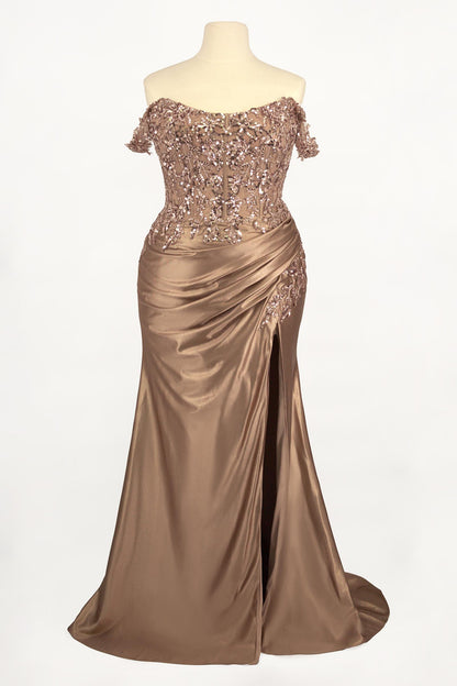 Ladivine CDS537C Off The Shoulder Lace &amp; Satin Curve Dress by DiscountDressShop