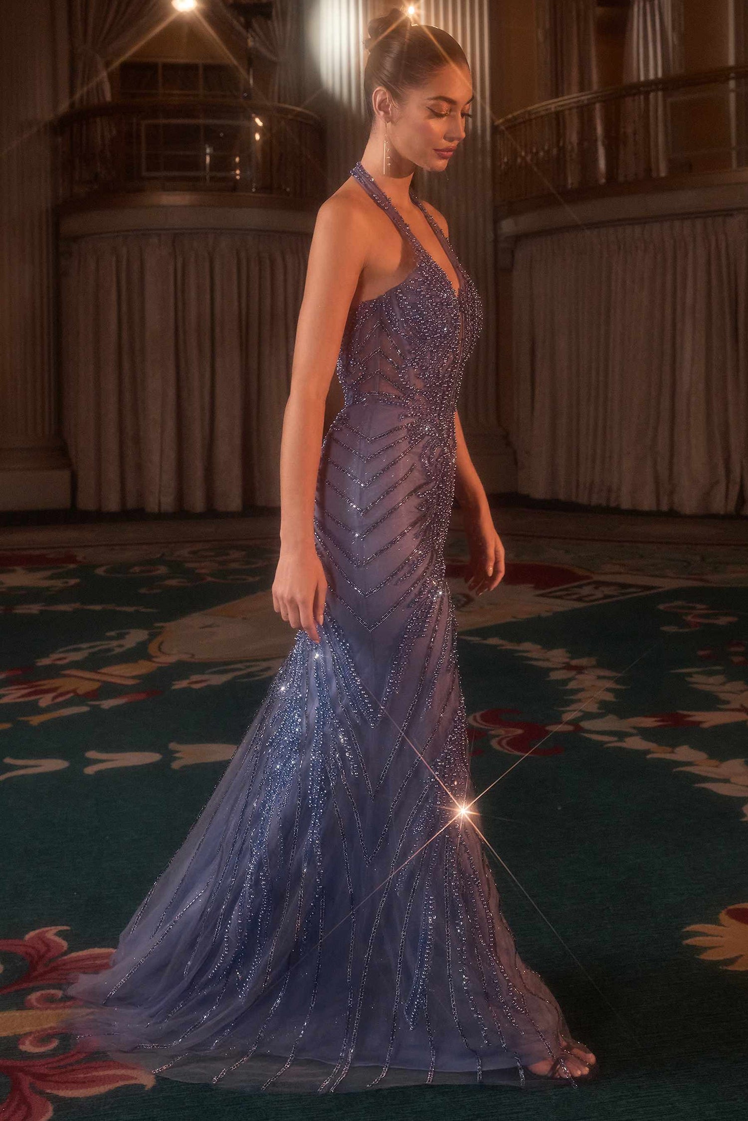 Ladivine CDS547 Fitted Halter Evening Gown Plunging Bodice by DiscountDressShop