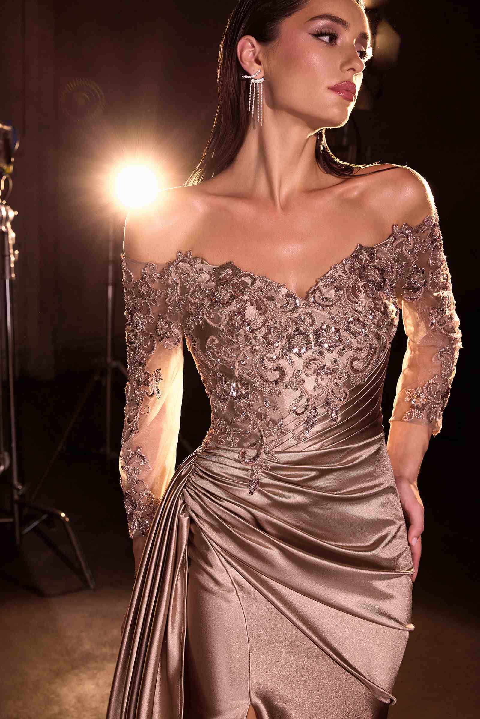 CLEARANCE - Ladivine CDS549 Off Shoulder Mother of the Bride Mocha Gold Gown (Size 18) by DiscountDressShop