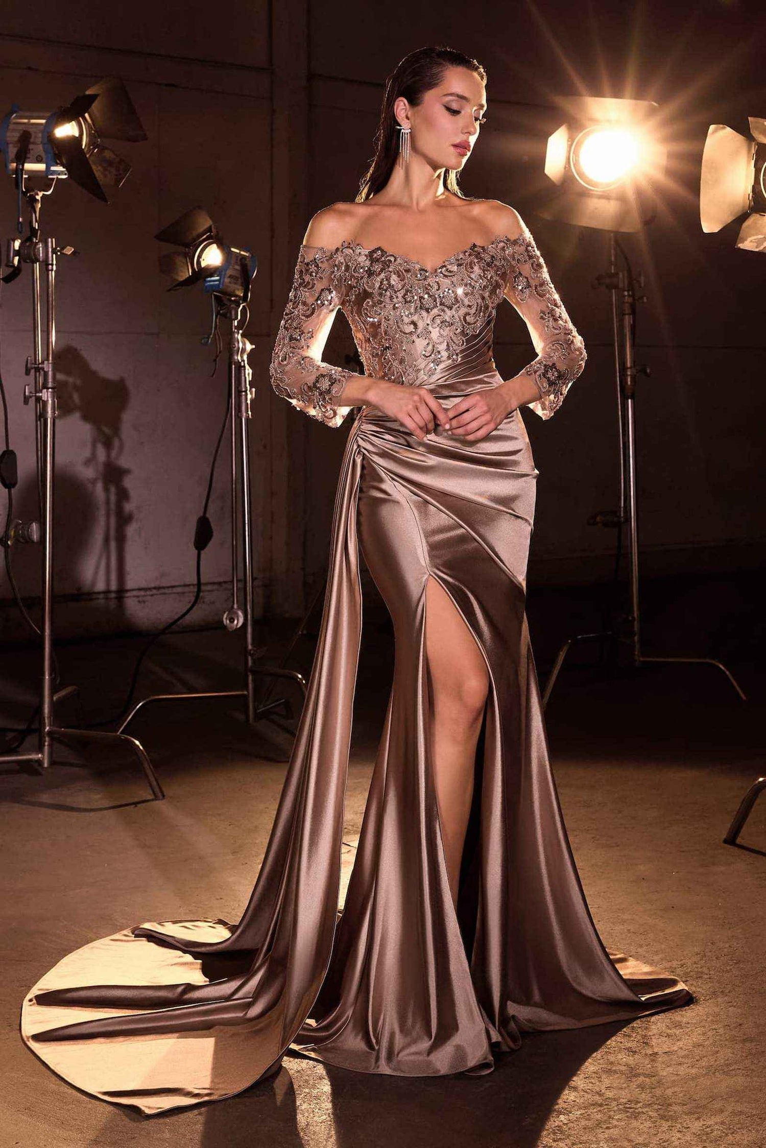 CLEARANCE - Ladivine CDS549 Off Shoulder Mother of the Bride Mocha Gold Gown (Size 18) by DiscountDressShop