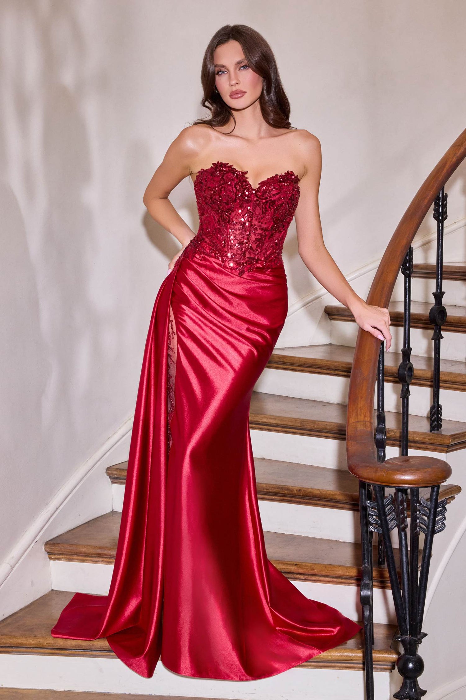 Ladivine CDS565 Sleek Satin Strapless Sweetheart Sequin Applique Gown by DiscountDressShop