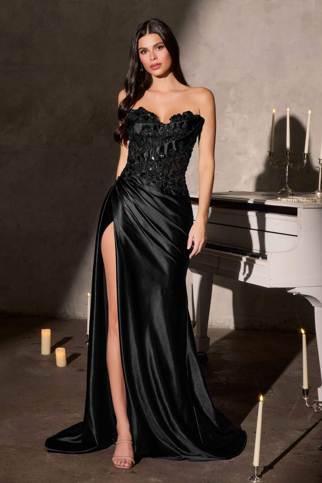 CLEARANCE - Ladivine CDS567 Strapless Sleek Satin Skirt Leg Slit Floral Beaded Gown (Size 2) by DiscountDressShop