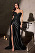 Ladivine CDS567 Strapless Sleek Satin Skirt Leg Slit Floral Beaded Gown by DiscountDressShop