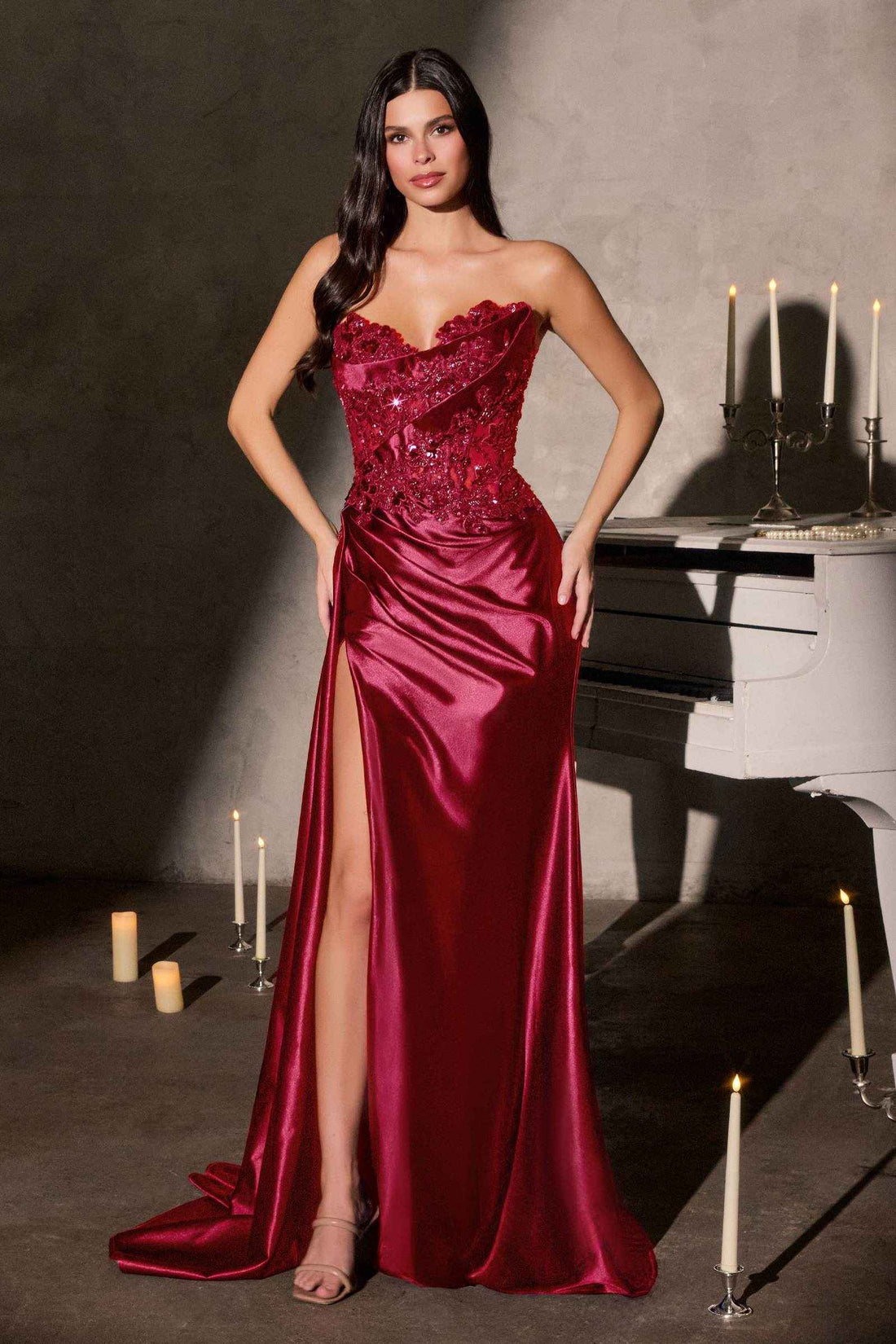 CLEARANCE - Ladivine CDS567 Strapless Sleek Satin Skirt Leg Slit Floral Beaded Gown (Size 2) by DiscountDressShop