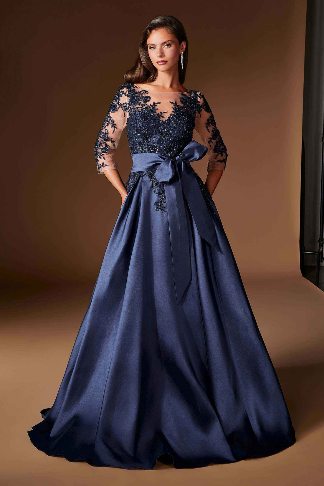 Ladivine CDS569 Three Quarter Sleeve Mikado Skirt A-Line Gown  DestGlow