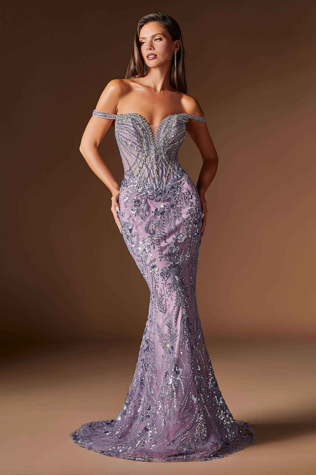 Ladivine CDS570 Fitted Formal Off Shoulder Gown with Detachable Skirt  DestGlow