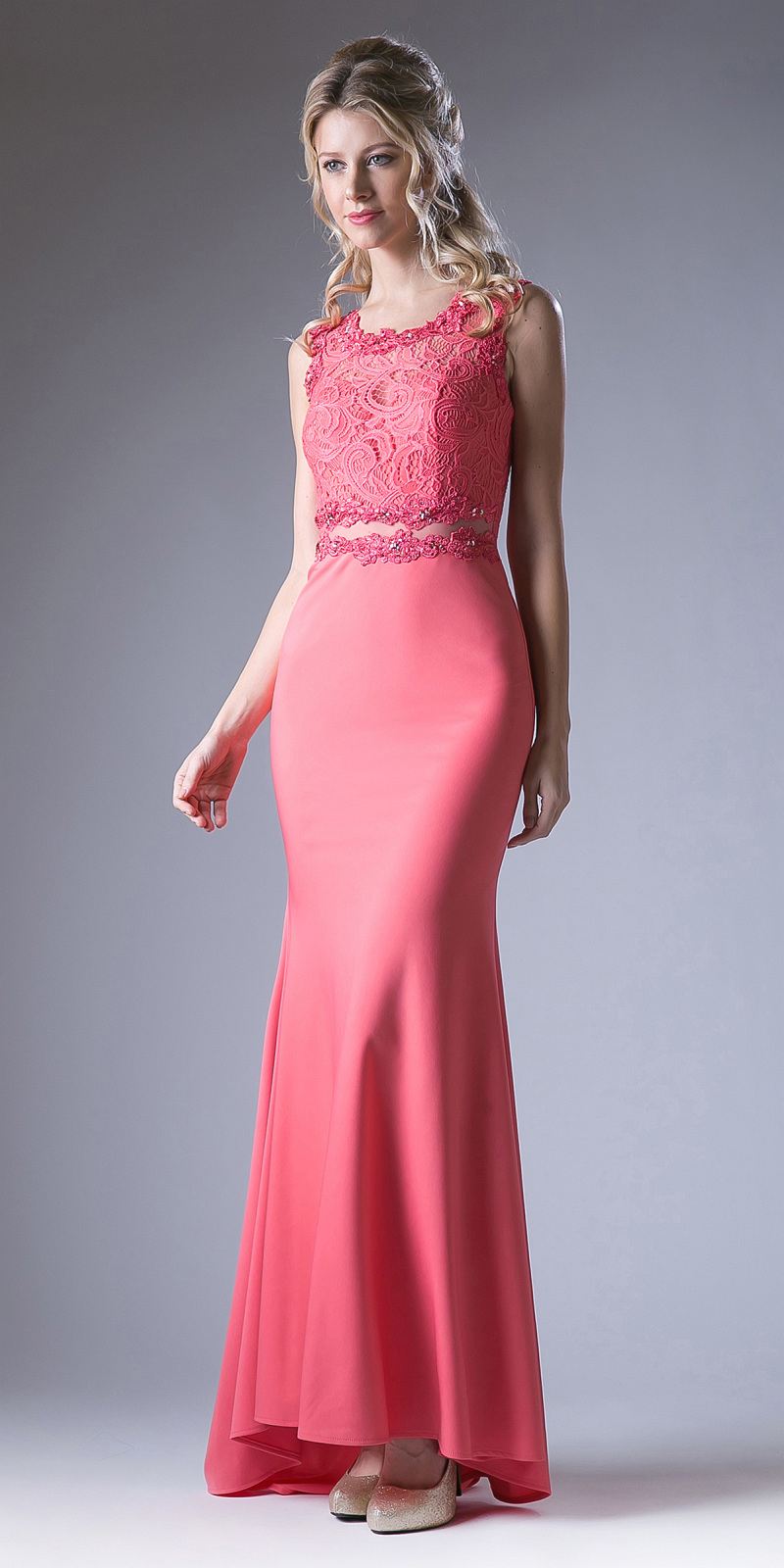 Cinderella Divine CF115 Long Lace Bodice Stretch Knit Sheath Dress Sleeveless by DiscountDressShop
