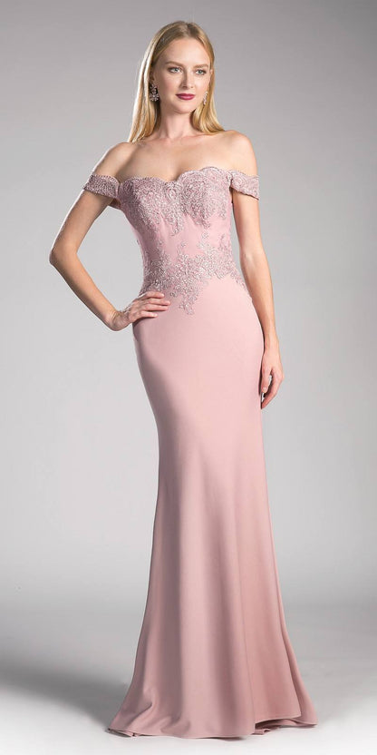 Cinderella Divine CF158 Off Shoulder Floor Length Evening Gown Applique Bodice by DiscountDressShop