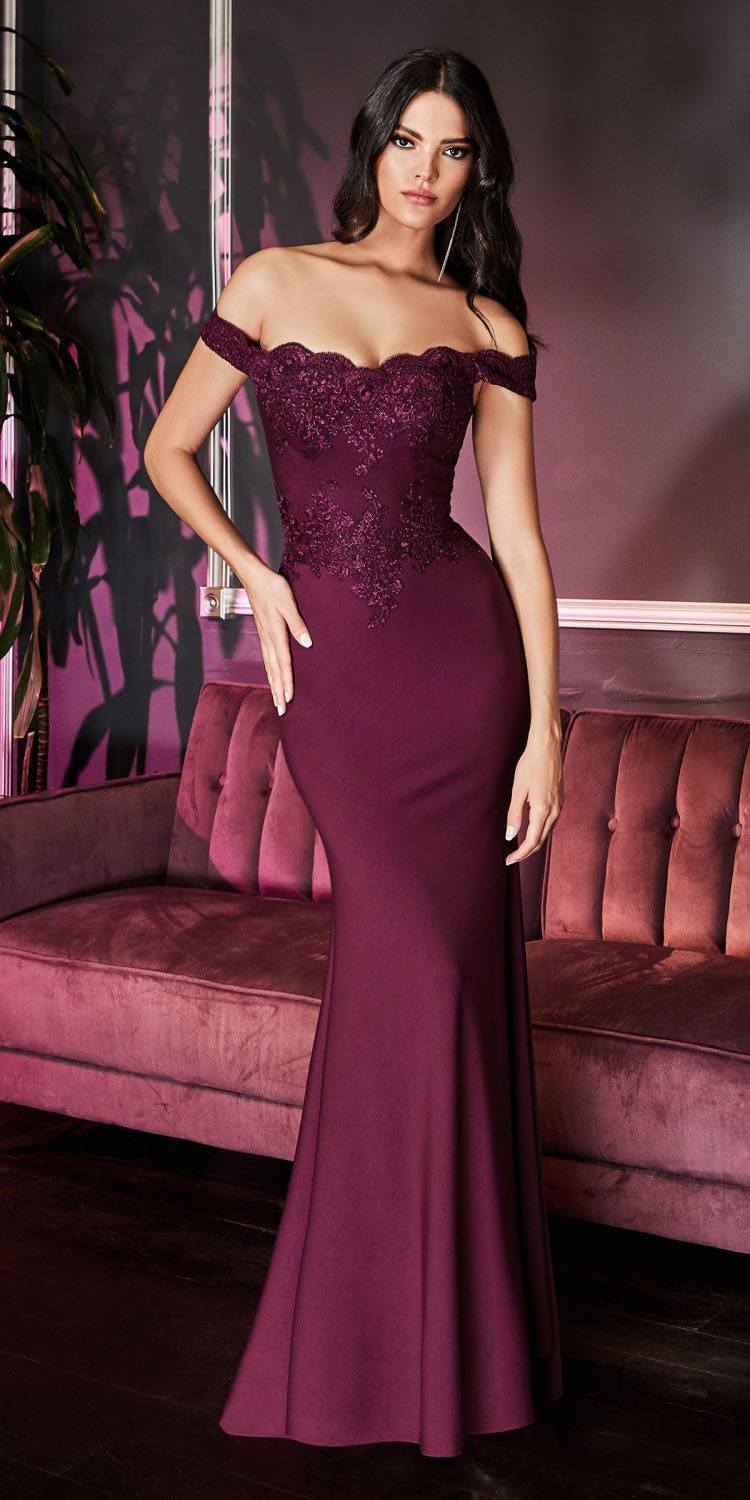 Cinderella Divine CF158 Off Shoulder Floor Length Evening Gown Applique Bodice by DiscountDressShop