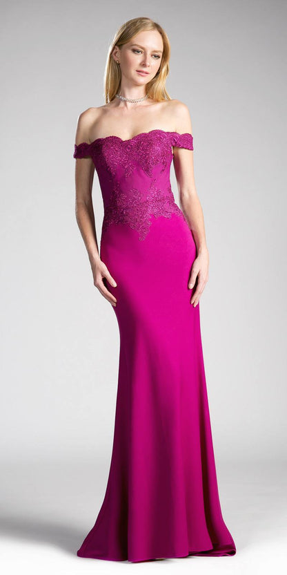 Cinderella Divine CF158 Off Shoulder Floor Length Evening Gown Applique Bodice by DiscountDressShop