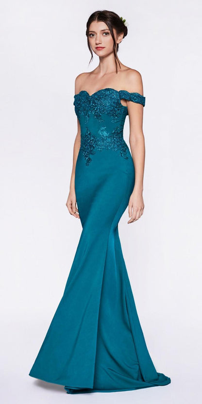 Cinderella Divine CF158 Off Shoulder Floor Length Evening Gown Applique Bodice by DiscountDressShop