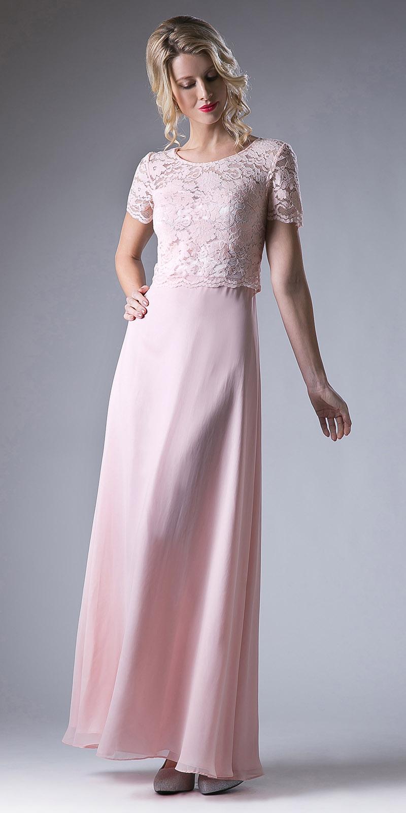 Cinderella Divine CF160 Lace Bodice Short Sleeves A-line Long Dress by DiscountDressShop