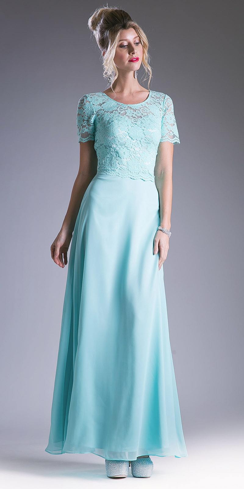 Cinderella Divine CF160 Lace Bodice Short Sleeves A-line Long Dress by DiscountDressShop