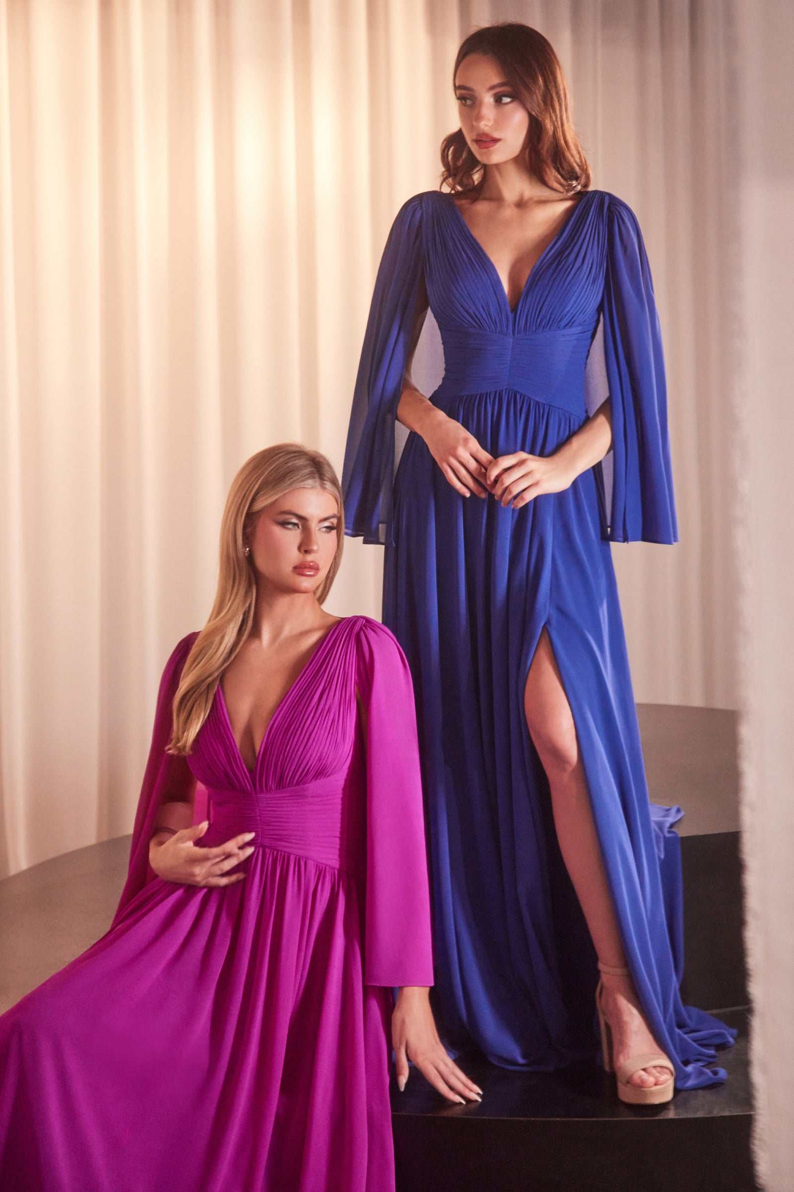Ladivine CH028 Long A-Line Caplet Dress in Chiffon by DiscountDressShop