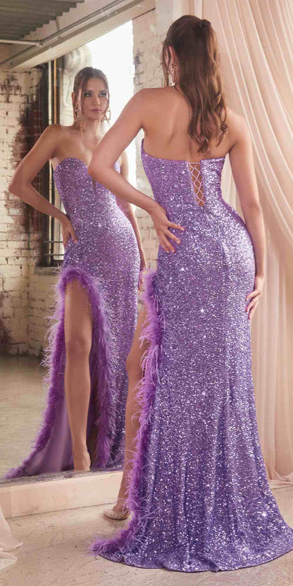 Ladivine CH061 Long Strapless Sweetheart Sequin Gown Side Leg Slit by DiscountDressShop
