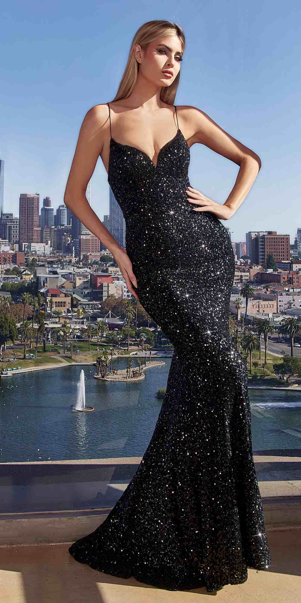 Ladivine CH066 Long Fitted Sequin Mermaid Gown by DiscountDressShop