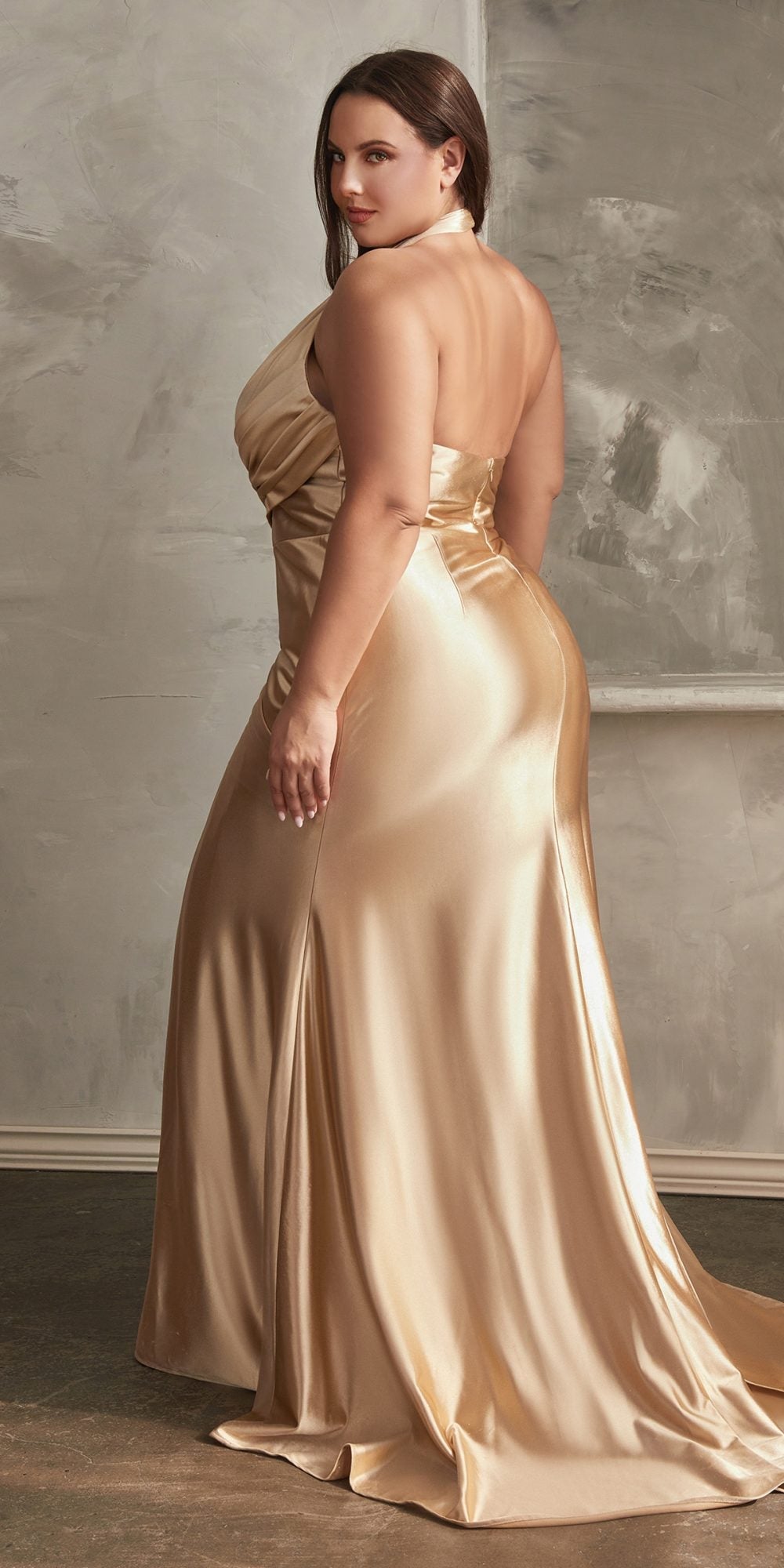 Ladivine CH079 Floor Length Fitted Halter Satin Gown Leg Slit Side Sash by DiscountDressShop