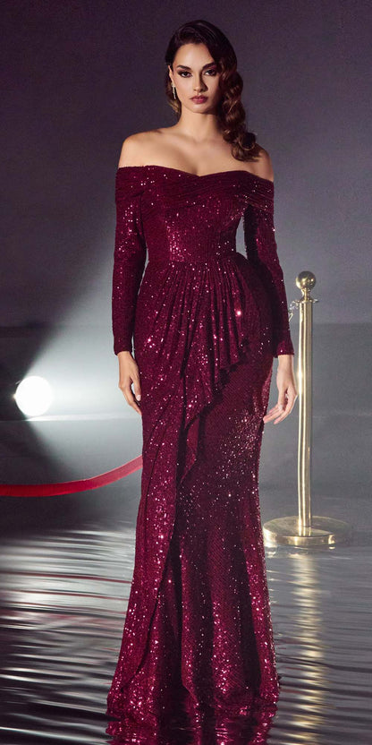 CLEARANCE - Ladivine CH135 Long Sequin Off the Shoulder Long Sleeve Gown (Size M) by DiscountDressShop