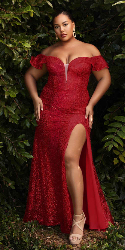 Cinderella Divine CH167 Long Off the Shoulder Sequins Dress with Slit by DiscountDressShop