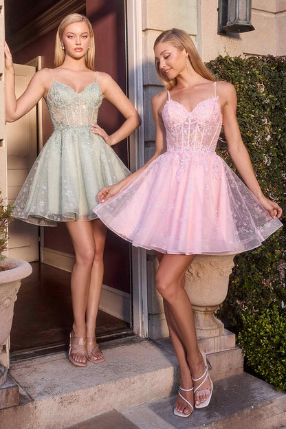 Ladivine CJ419 Short Damas Lace Applique A-Line Dress by DiscountDressShop