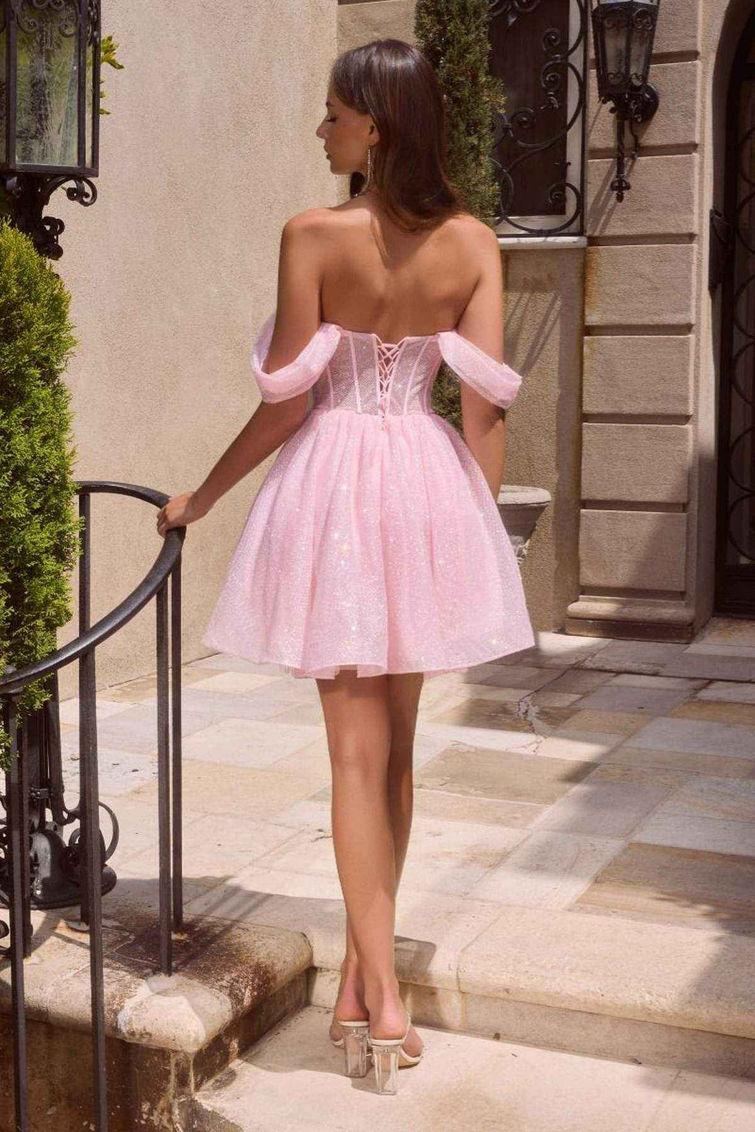 Ladivine CJ420 Off-Shoulder Glitter Tulle Short Dress with Corset Back  DestGlow