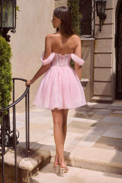 Ladivine CJ420 Off-Shoulder Glitter Tulle Short Dress with Corset Back