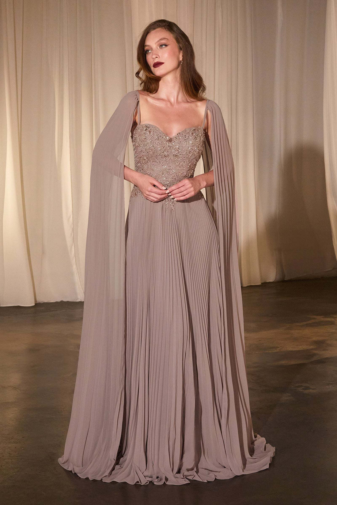 Ladivine CJ937 Pleated A-Line Gown With Cape Sleeves by DiscountDressShop