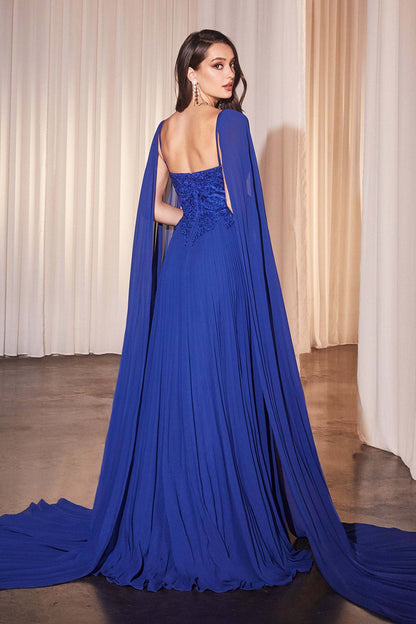 Ladivine CJ937 Pleated A-Line Gown With Cape Sleeves by DiscountDressShop